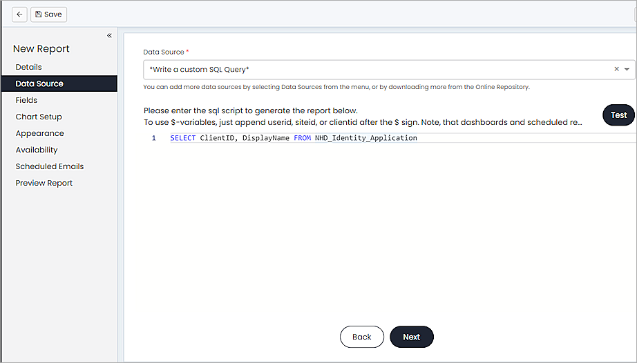Screenshot of the write a SQL Query Report page